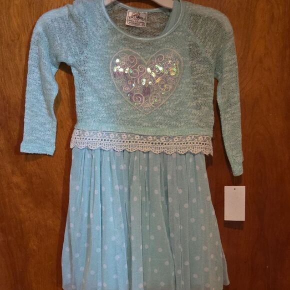 Aqua Long Sleeve Dress with Heart Design - Picture 1 of 2